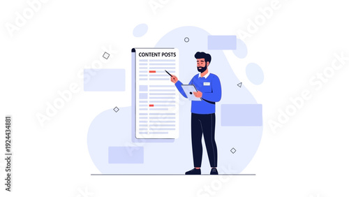 Man Presenting Content Posts Strategy on Whiteboard, Digital Marketing Plan