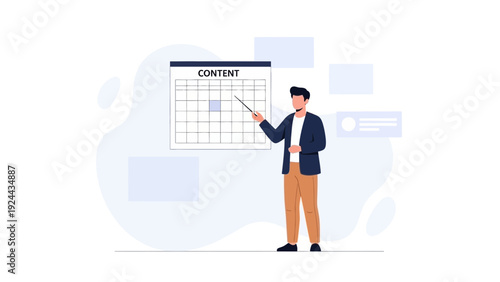 Man presenting content strategy on a calendar board, planning and scheduling