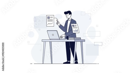 Businessman analyzing financial reports and charts on a laptop at a desk.