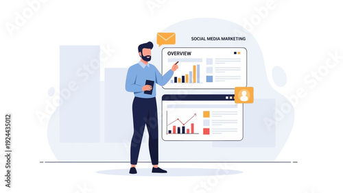 Man presenting social media marketing analytics and strategy