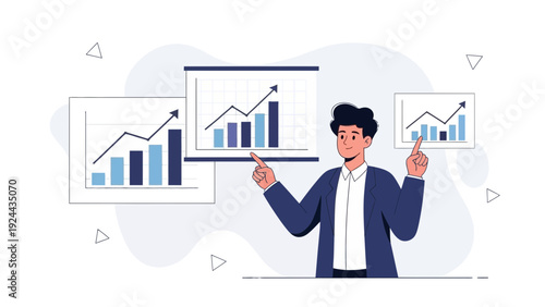 Business growth concept: man presenting upward trending financial charts and graphs