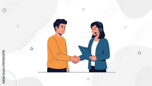 Business handshake agreement, customer service agent with headset and client meeting