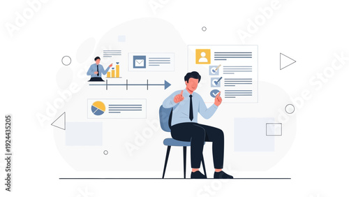 Business man sitting and giving thumbs up with checklist and analytics