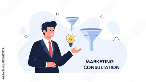 Business man with idea bulb and marketing funnels, consultation concept illustration