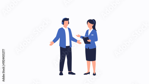Business meeting illustration: man with headphones and woman with clipboard talking