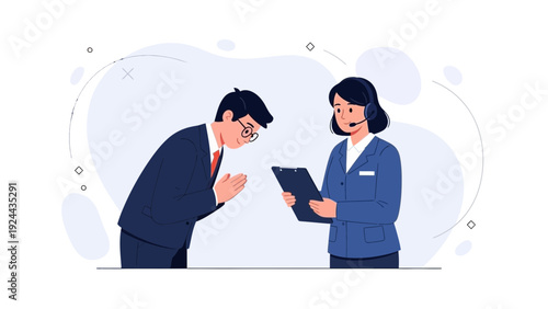 Business meeting, customer service, bowing man and consultant with clipboard