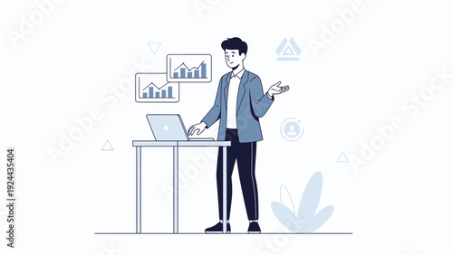 Businessman analyzing charts on laptop, modern flat design illustration
