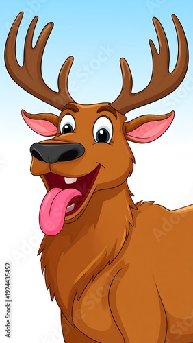 Cheerful cartoon deer with large antlers and pink tongue sticking out, against a light blue gradient background