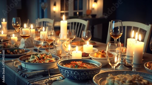 candlelit dinner table with food and wine glasses