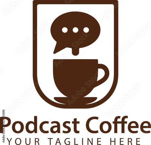 Podcast coffee logo with speech bubble for audio and radio show branding