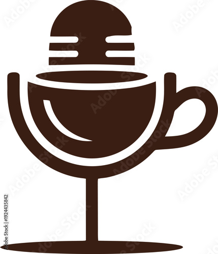 Microphone and coffee cup icon for podcasting and radio show, brown minimalist vector