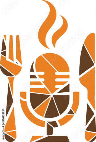 Mosaic microphone icon with fork and knife for food podcast, vector illustration