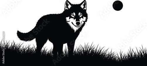 A black and white illustration of a wolf standing in a field