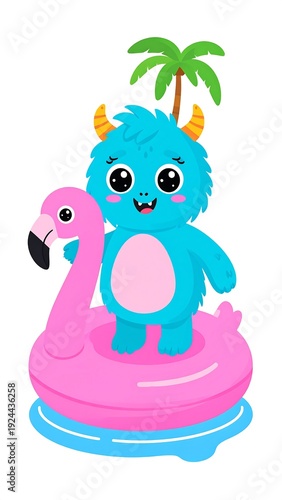 Fuzzy blue monster on pink flamingo floatie, under a palm tree, cartoon illustration on a white background