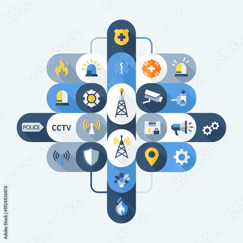 Security icons on blue background.