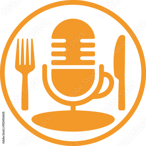 Food podcast microphone icon with fork, knife and spoon for restaurant and culinary s