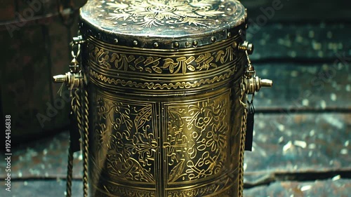 ornate gold metal container with intricate designs