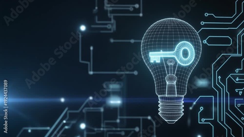 Glowing lightbulb with key inside on circuit board background represents innovation and solution