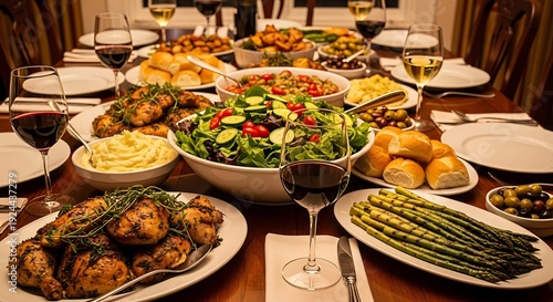 Elegant gourmet feast spread on rustic wooden dining table with wine glasses, fresh green salad, grilled chicken, mashed potatoes, asparagus, and appetizers, warm ambient lighting, fine dining