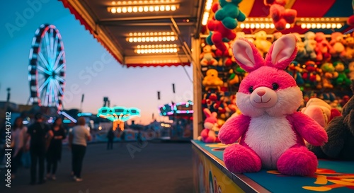 Pink stuffed rabbit toy on carnival game prize counter with colorful plush toys, vibrant neon lights, and Ferris wheel in background during twilight at amusement park