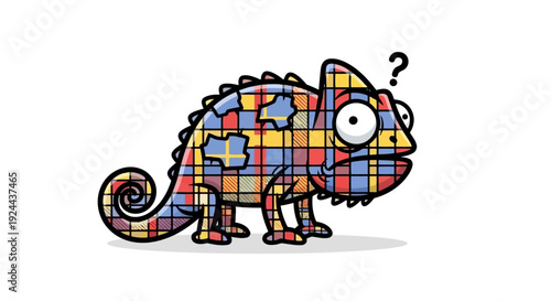 Whimsical Cartoon Chameleon with Plaid Patchwork Skin and Question Mark EPS10 Stock.eps