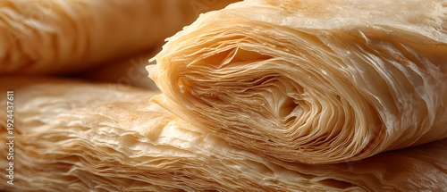 Delicate Layers of Handcrafted Phyllo Dough Rolled Up, Showcasing Intricate Textures and Golden Hues, Ready for Baking.