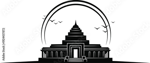 Black and white illustration of an ancient temple with a rainbow