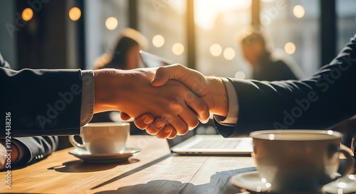 Two professional businesspeople shaking hands over wooden table in cozy café, warm lighting, successful partnership deal, modern corporate networking, coffee cups and documents on table
