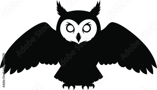 A black and white illustration of an owl in flight with outstretched wings