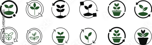 Eco-friendly green plant growth icons with circular arrows representing recycling sustainability nature conservation environmental care organic farming and gardening.