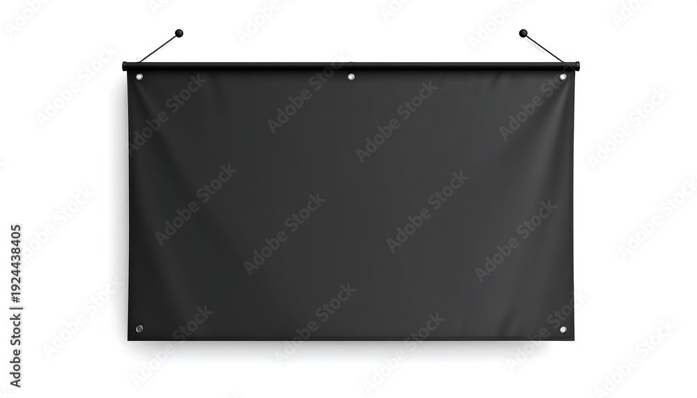 Fototapeta premium A large, blank, black fabric banner hanging from a thin metal rod