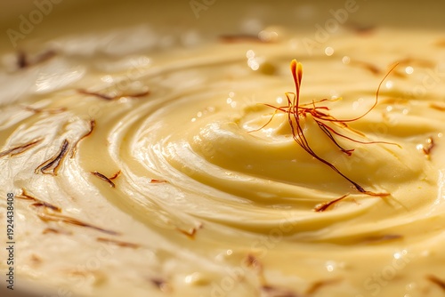 Close-up of Luxurious Saffron-Infused Cream with Elegant Swirls and Delicate Spice Threads.