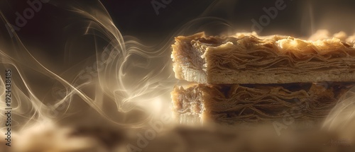 Ethereal Golden Pastry Layers with Delicate Steam, Creating a Warm and Inviting Dessert Experience.