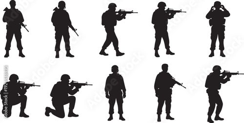 Special Forces Military Soldier Silhouette Set - Tactical Infantry Poses, Armed Army Personnel with Rifles, and Combat Action Vector Illustration
