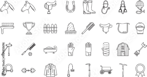 Horse Riding and Equestrian Equipment Icon Set - Horse Care, Stallion Training, Riding Gear, and Stable Accessories Hand-Drawn Line Art Vector