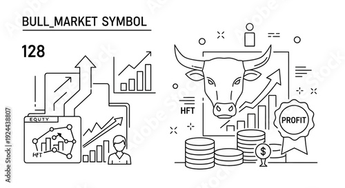 Bull market concept illustrated with upward trending graphs and financial symbols