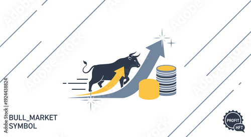 Bull market symbol concept rising arrow with coins and charging bull