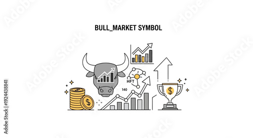 Bull market symbol concept with financial growth charts and award cup