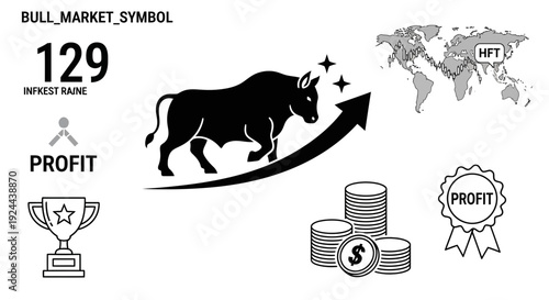 Bull market symbol with rising arrow coins and world map illustration