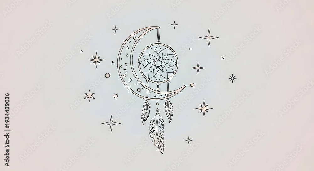 Fototapeta premium Bohemian dreamcatcher with crescent moon and stars in dark line art on a plain light blue background