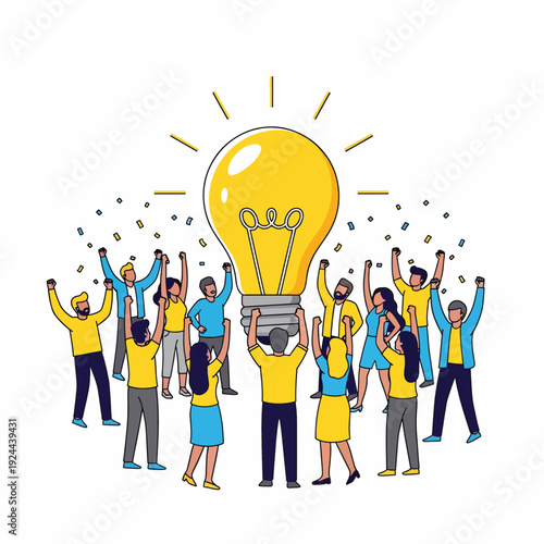 Diverse group celebrating a lightbulb moment.