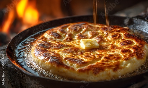 Golden Fried Pastry Sizzling in Rustic Pan with Melting Butter by Cozy Fire