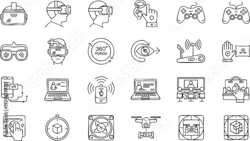 Virtual Reality (VR) and Augmented Reality (AR) Technology Icon Set - Metaverse Simulation, Immersive Hardware, and Digital Interface Line Art Vector
