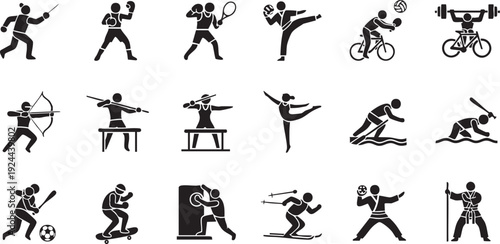 Olympic Sports and Athletics Silhouette Set - Professional Athlete Poses for Fencing, Boxing, Tennis, Archery, and Gymnastics Vector Pictogram