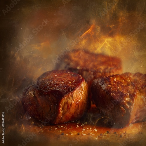 Ethereal Culinary Art: Seared Steaks Bathed in a Mystical Golden Glow and Scattered Spices