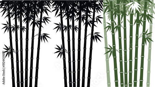 Zen Bamboo Forest Silhouette Vector Set Featuring Black Stems and Green Asian Botanical Plant Designs for Oriental Backgrounds Spa Wellness Landscapes