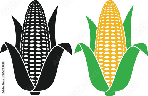 Vector Illustration Set of Corn on the Cob Featuring Black Silhouette and Vibrant Yellow and Green Colors for Agriculture Food Industry and Harvest Designs