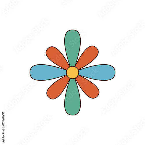 Retro groovy daisy appears as a colorful sticker patch icon in funky 70s y2k style. The flower is a vibrant groovy element, suitable for pop vintage or modern projects.