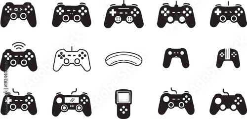 Professional Video Game Controller Icon Set - Modern and Retro Gamepads, Handheld Consoles, and Esports Hardware Solid Black Vector