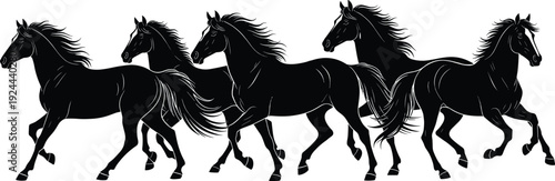 Black Stallion Horse Silhouette Vector Set Featuring a Herd of Wild Mustangs Galloping and Running with Flowing Manes and Tails for Equestrian Sports